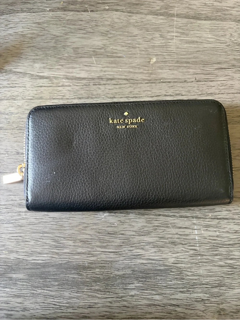 kate spade Black Pebbled Leather Zip Around Wallet with Gold Logo